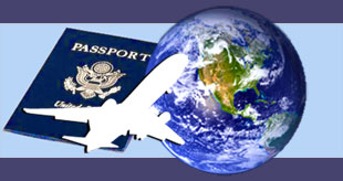 Image of a passport, globe, and an airplane representing world travel.